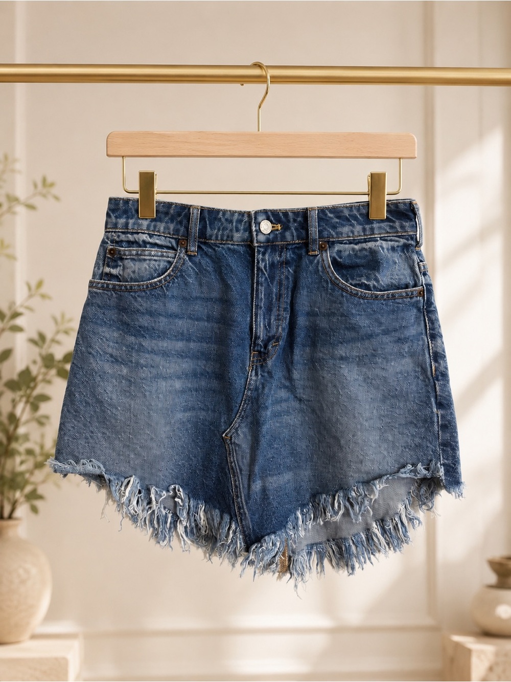 Free People We The Free Bailey Denim Mini Skirt Blue Fray Asymmetric Hem 28 NWOT